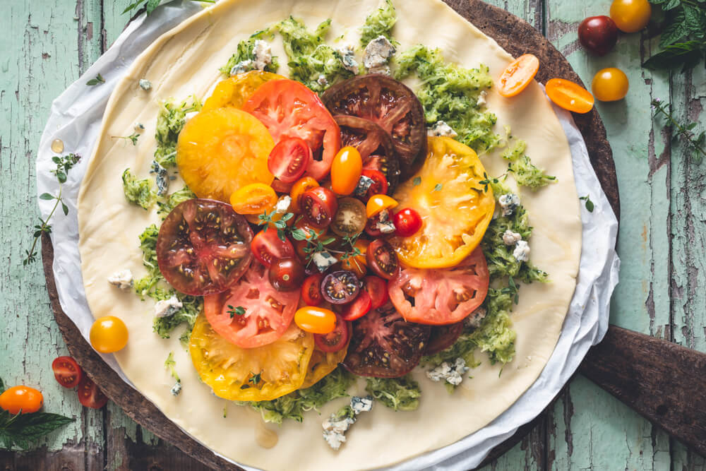 Dish featuring heirloom tomatoes and cheese