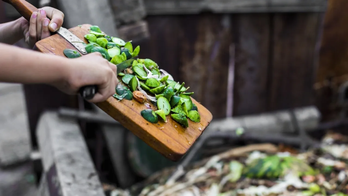 Green food scraps being scraped off cutting board into compost bin