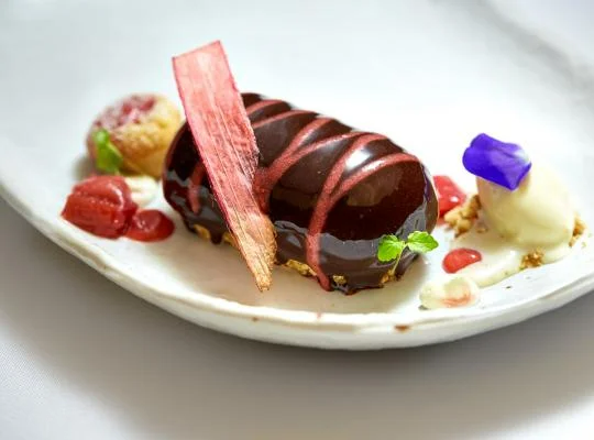 Variations of Rhubarb, Chocolate, Honey, Crème Fraiche and Almond