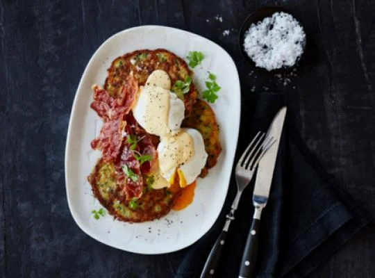 Corn Fritters with Poached Eggs & Hollandaise