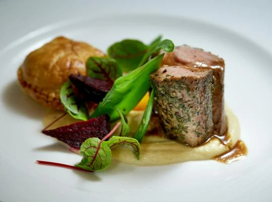 Hoisin Pork Hock and Kale Pithivier, Roasted Pork Scotch Fillet, Jerusalem Artichoke with Heirloom Beets and Beans
