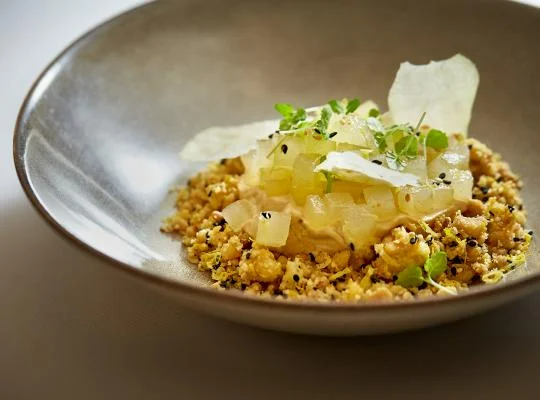 Spiced Roasted White Chocolate Parfait, Sesame and Orange Biscuit with Pear and Sour Honey