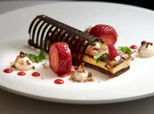 Cocoa Sponge cake and Salted Caramel Cremeux “Sandwhich” with Davao Coconut Pudding, Strawberry Coulis, White and Dark Chocol