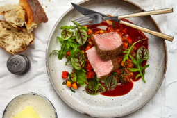 Spiced Crusted Lamb Back Strap with Vegetable Ragout and Tomato Jus