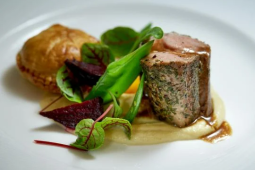 Hoisin Pork Hock and Kale Pithivier, Roasted Pork Scotch Fillet, Jerusalem Artichoke with Heirloom Beets and Beans