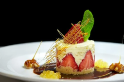 Strawberry Fraisier with Vanilla Crème Mousse, Chocolate Maple Syrup Sauce and Orange Popping Pearls