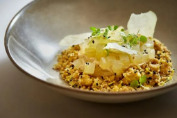 Spiced Roasted White Chocolate Parfait, Sesame and Orange Biscuit with Pear and Sour Honey