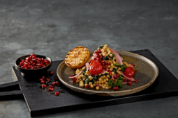 Warm Mograbieh Salad, charred eggplant, confit tomatoes, eggplant, aubergine, eggplant recipe, vegetarian recipe