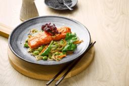 Tea Smoked Salmon with Soba noodles and greens