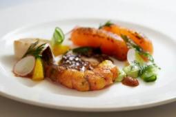 Spice Cured Salmon, Seared Scallop, Curry Leaf and Butter Poached Prawn, Chilli Garlic &amp; Miso Glaze, Caramelised Shallot Toas