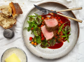Spiced Crusted Lamb Back Strap with Vegetable Ragout and Tomato Jus