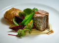 Hoisin Pork Hock and Kale Pithivier, Roasted Pork Scotch Fillet, Jerusalem Artichoke with Heirloom Beets and Beans