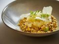 Spiced Roasted White Chocolate Parfait, Sesame and Orange Biscuit with Pear and Sour Honey
