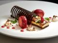 Cocoa Sponge cake and Salted Caramel Cremeux “Sandwhich” with Davao Coconut Pudding, Strawberry Coulis, White and Dark Chocol